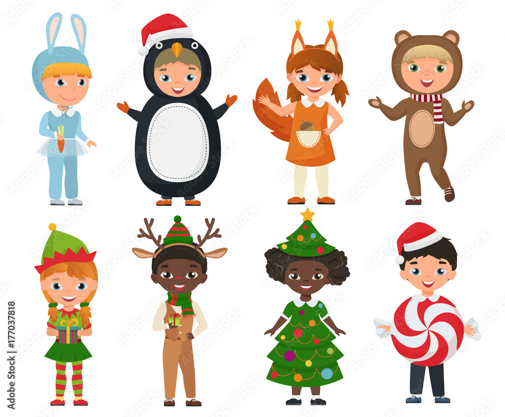 Vector Set of cute kids wearing Christmas clothes costumes.
