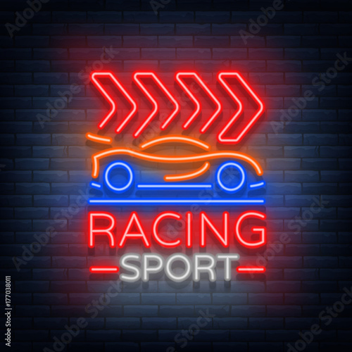 Racing Sports neon logo emblem pattern. A glowing sign on the theme of the races. Neon sign, light banner. Vector illustration