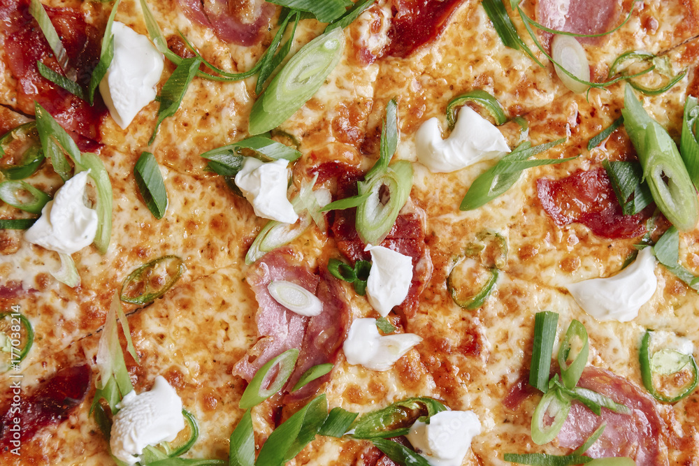 Close-up of a baked pizza Close-up of a baked pizza