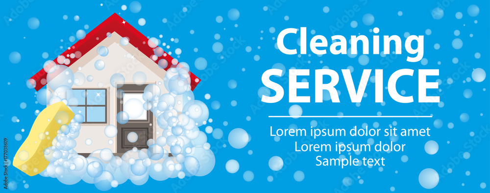 Banner and the poster for cleaning services. The house in foam on a blue background. Vector