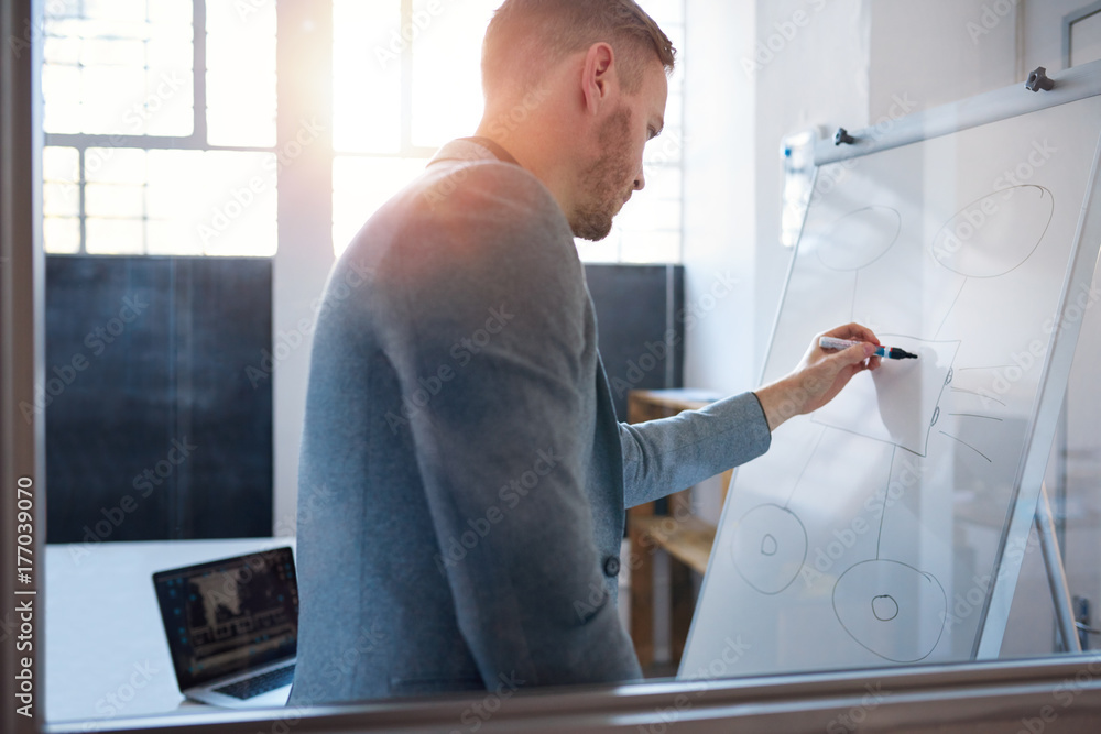 Young businessman writing on a whiteboard in an office Young businessman writing on a whiteboard in an office