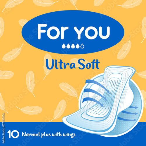 Concept of packaging for hygiene pad. Flat design on a yellow background with feathers.