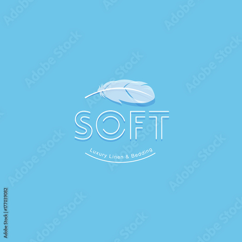Luxury linens & bedding logo. White feather and thin letters, isolated on a blue background.