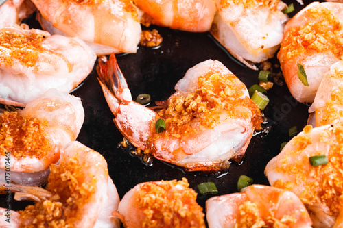 Cooked king prawns, top view, Asian food photo