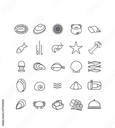 pictogramme, icônes, mer, océan, pêche, fruits de mer, crustacés