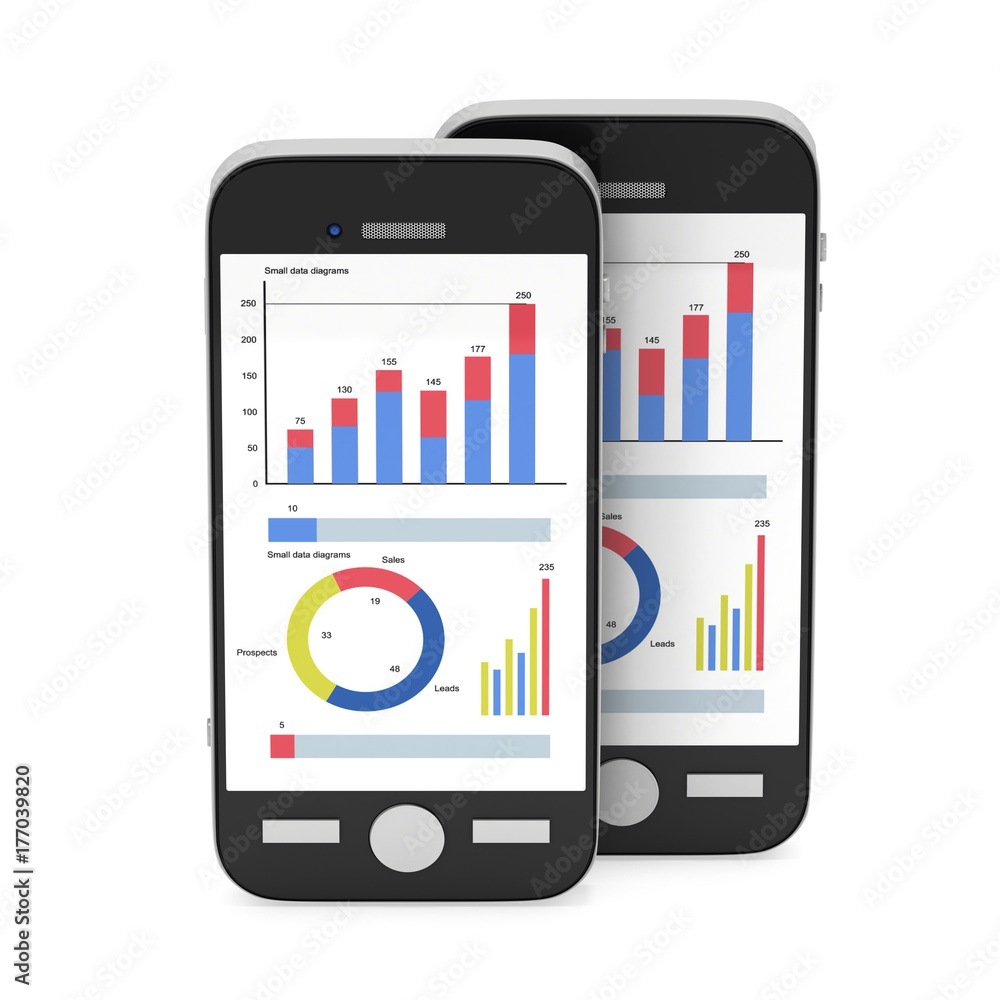 Small Data on Smartphone. Phones with bar graph charts and pie diagram. 3d render isolated on white. Small Data on Smartphone. Phones with bar graph charts and pie diagram. 3d render isolated on white.