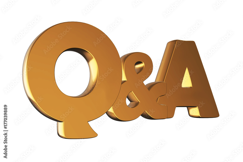 Questions and answers concept gold Q and A text isolated on white. 3D render illustration. Questions and answers concept gold Q and A text isolated on white. 3D render illustration.