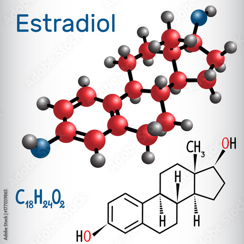 Estradiol E2 (estrogen female sex hormone ) - structural chemical formula and molecule model