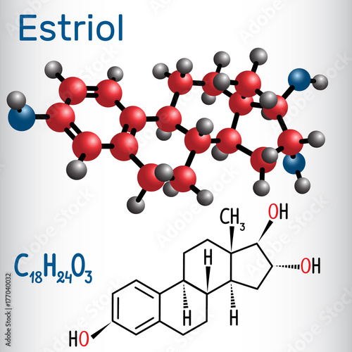 Estriol E3 (estrogen, minor female sex hormone ) - structural chemical formula and molecule model