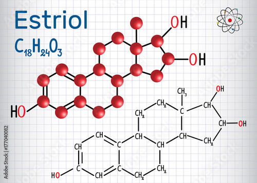 Estriol E3 (estrogen, minor female sex hormone ) - structural chemical formula and molecule model. Sheet of paper in a cage