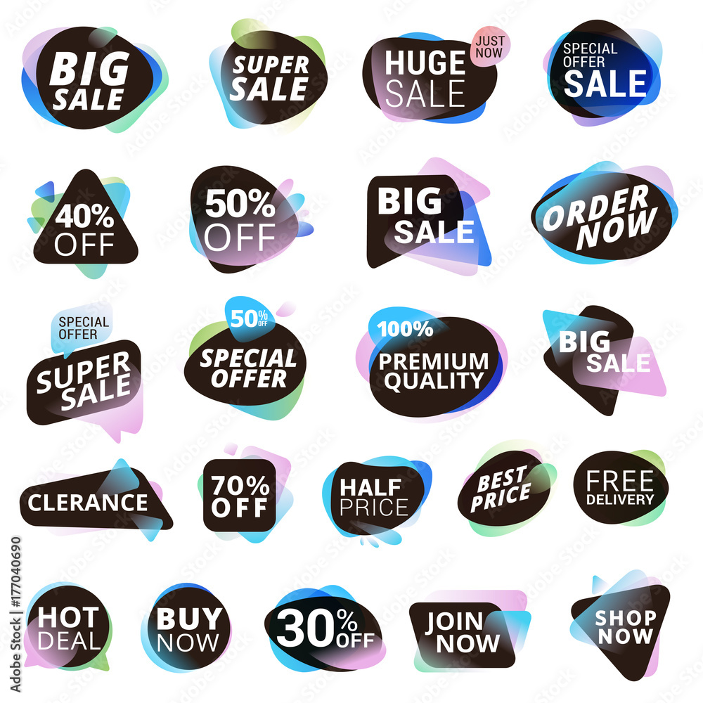 Set of stickers and discount tags for sale, product promotion, special offer, shopping. Isolated vector illustrations for web design and marketing material.