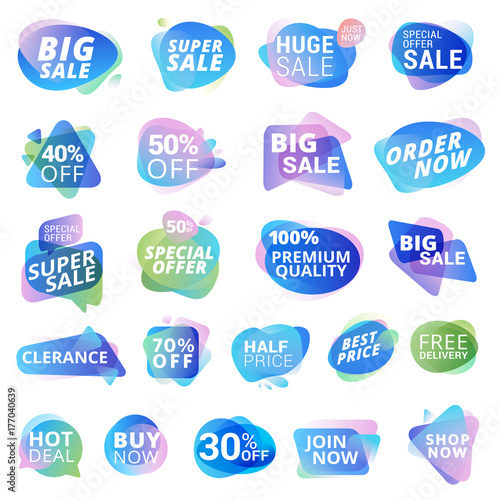Set of stickers and labels for sale, product promotion, special offer, shopping. Isolated vector illustrations for web design and marketing material.