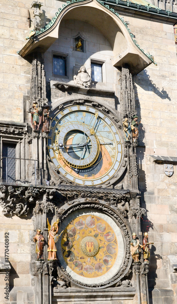 Prague astronomical clock on the southern wall of Old Town Hall in the Old Town Square. in the Czech Republic. 