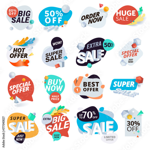 Unique collection of stickers and badges for sale, product promotion, special offer, shopping. Isolated vector illustrations for web design and marketing material.