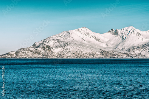 Snow Mountain with Fjord in foreground (Norway near Tromso)
