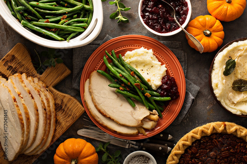 Thanksgiving plate with turkey, mashed potatoes and green beans