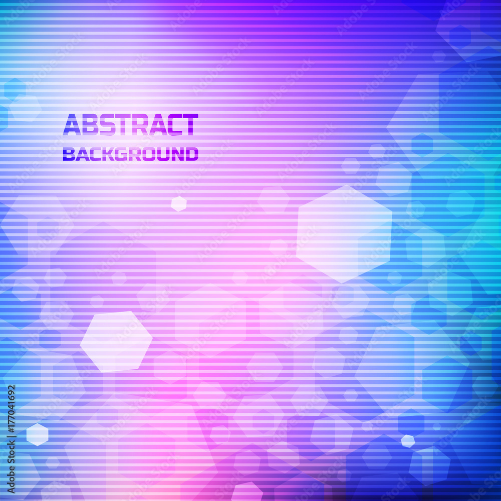 Square abstract background. Hexagonal glare on the cosmic gradient colors with horizontal lines.