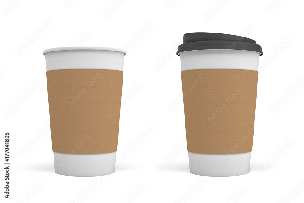 3d rendering of two white coffee cups with carton sleeves one, one cup with a black lid and one open. 3d rendering of two white coffee cups with carton sleeves one, one cup with a black lid and one open.