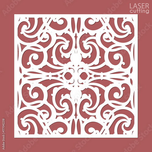 Laser cut square ornamental panel with pattern. Template of wedding invitation or greeting card. Cabinet fretwork panel. Metal design, wood carving.