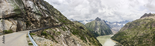 Oberaar panoramic mountain road and glacier in Switzerland in Alps