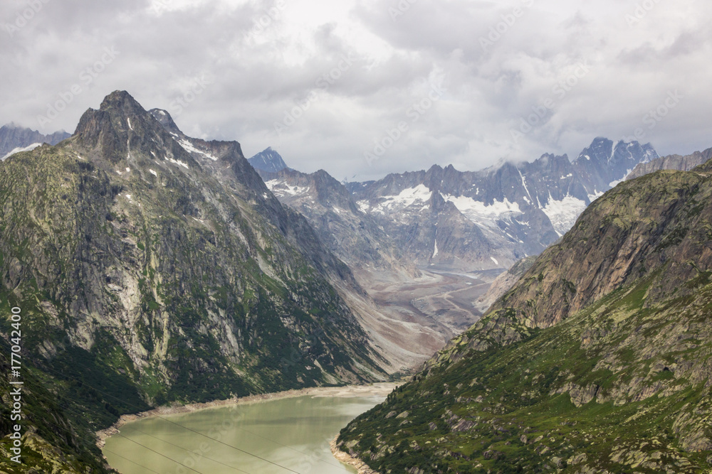 Oberaar panoramic mountain road and glacier in Switzerland in Alps