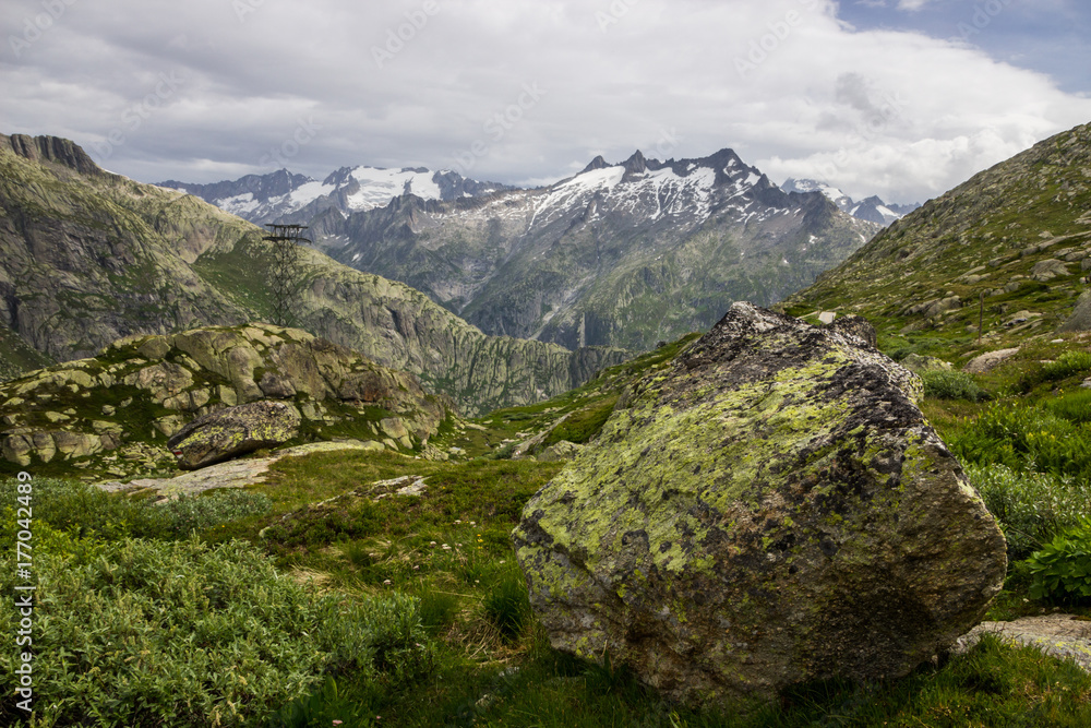 Oberaar panoramic mountain road and glacier in Switzerland in Alps