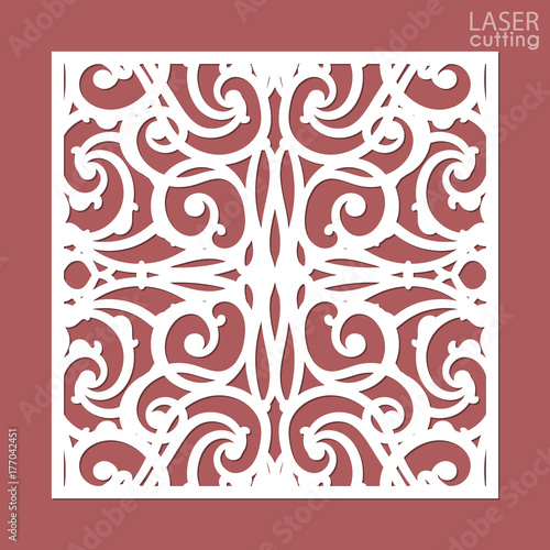 Laser cut square ornamental panel with pattern. Template of wedding invitation or greeting card. Cabinet fretwork panel. Metal design, wood carving.