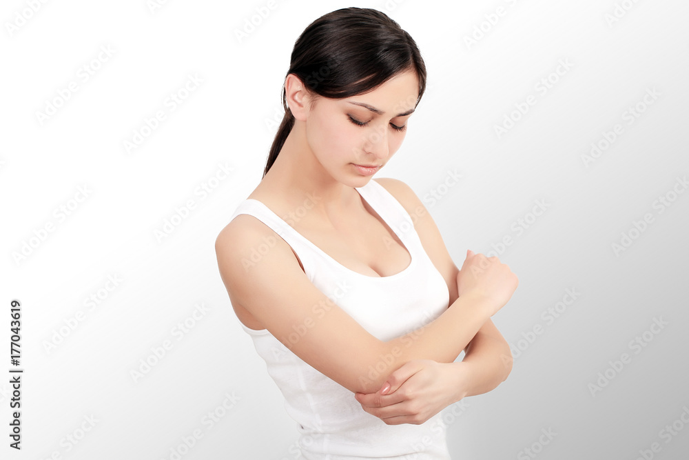 Body Pain. Beautiful Woman Feeling Pain In Elbows, Painful Arm Body Pain. Beautiful Woman Feeling Pain In Elbows, Painful Arm