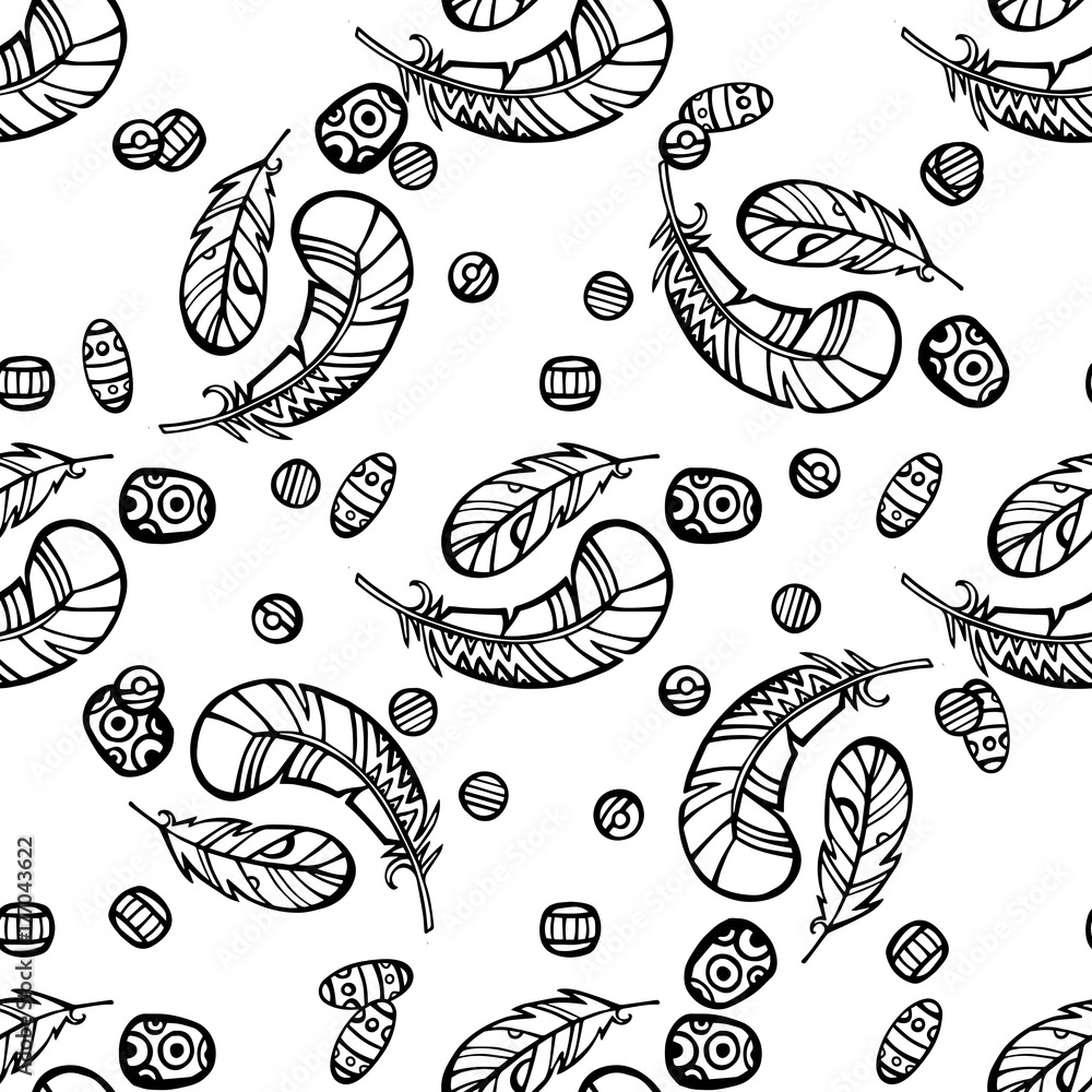 Seamless pattern black and white with hand-drawn feathers. Vector illustration. White bacground. Seamless pattern black and white with hand-drawn feathers. Vector illustration. White bacground.