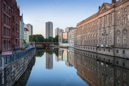 Architecture of Berlin reflected in Spree River, Germany