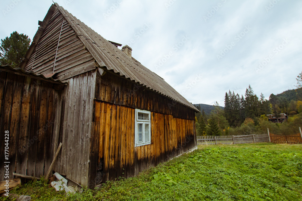 old wooden house in mountains, forest house 