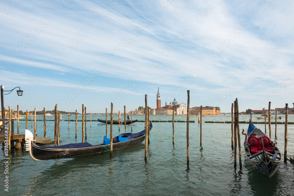 Gondolas moored in Venice, Italy