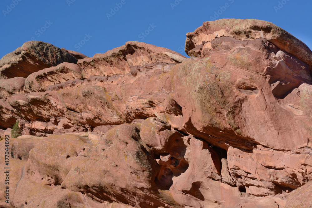 Close up of erosion on huge sandstone prehistoric geological formations at Red Rocks Park in Colorado