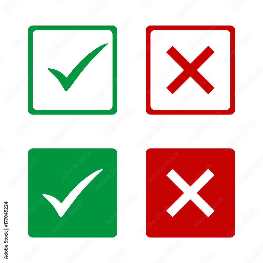 set of flat buttons: green check marks and red crosses. set of flat buttons: green check marks and red crosses.