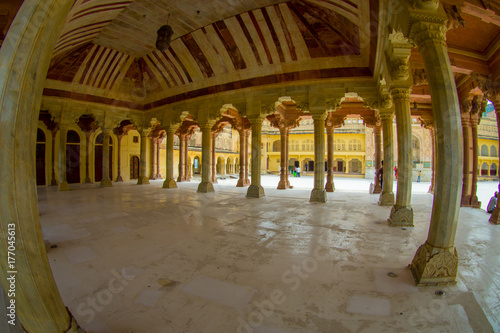 Collumned hall in Sattais Katcheri in Amber Fort near Jaipur, Rajasthan, India. Amber Fort is the main tourist attraction in the Jaipur area, fish eye effect