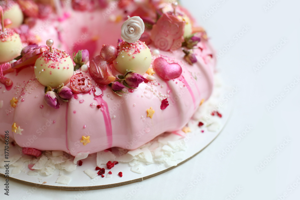 pink mousse cake for girl on white background pink mousse cake for girl on white background