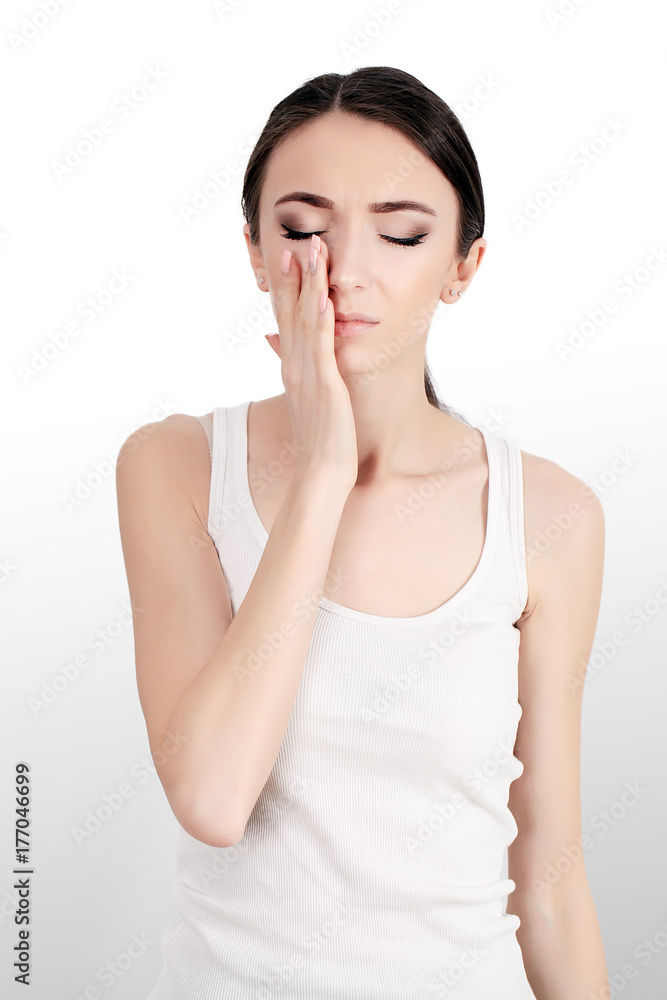 Woman Suffering From Strong Pain, Having Headache, Touching Face Woman Suffering From Strong Pain, Having Headache, Touching Face