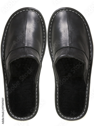 Black leather slippers isolated