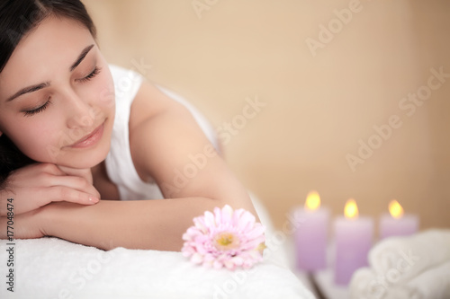 Spa Massage For Woman. Therapist Massaging Female Body With Aromatherapy Oil. Beautiful Healthy Happy Girl Relaxing Back Massage At Beauty Salon Outdoors. Skin Care Treatment, Health And Relaxation