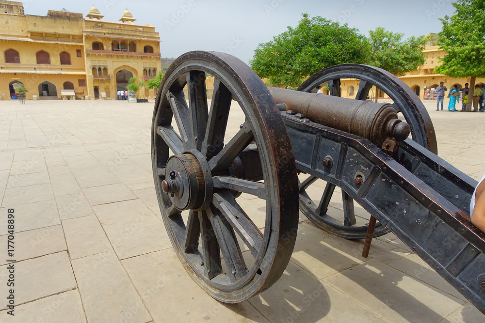 Close up of cannon inside the courtyard of Amber fort in Jaipur, India