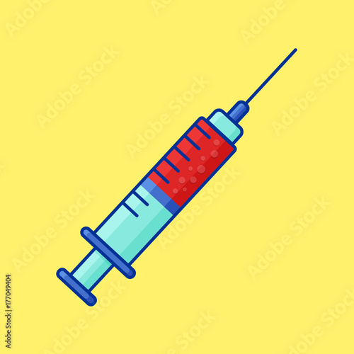 Vector syringe icon with red blood for injection. Vaccine Injector with needle