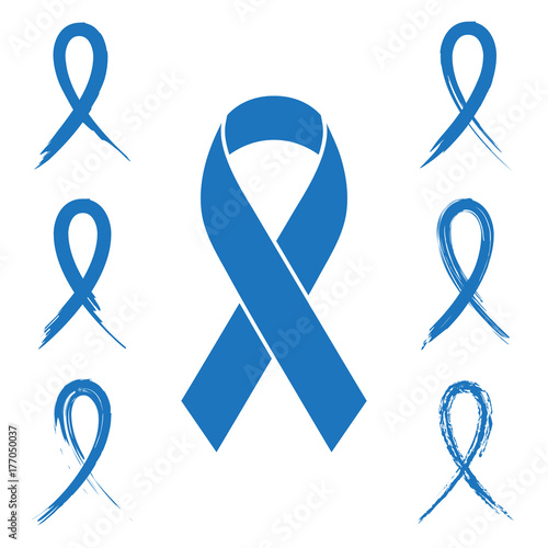 Collection of prostate cancer awareness ribbon collection with chalk and ink brush design isolated on white background. Blue ribbon illustration for support, prevention and charity campaigns.