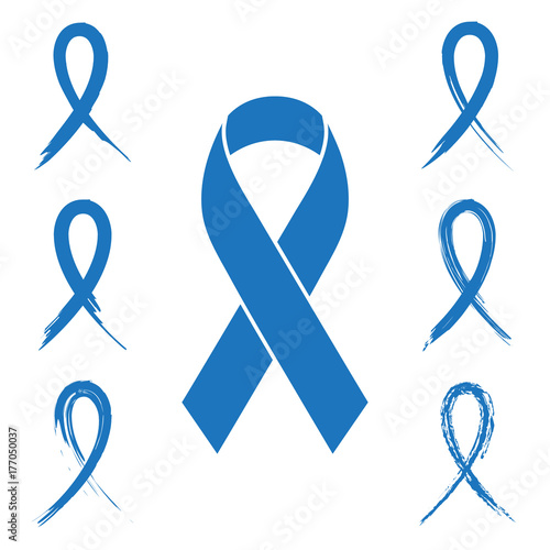 Collection of prostate cancer awareness ribbon collection with chalk and ink brush design isolated on white background. Blue ribbon illustration for support, prevention and charity campaigns. photo