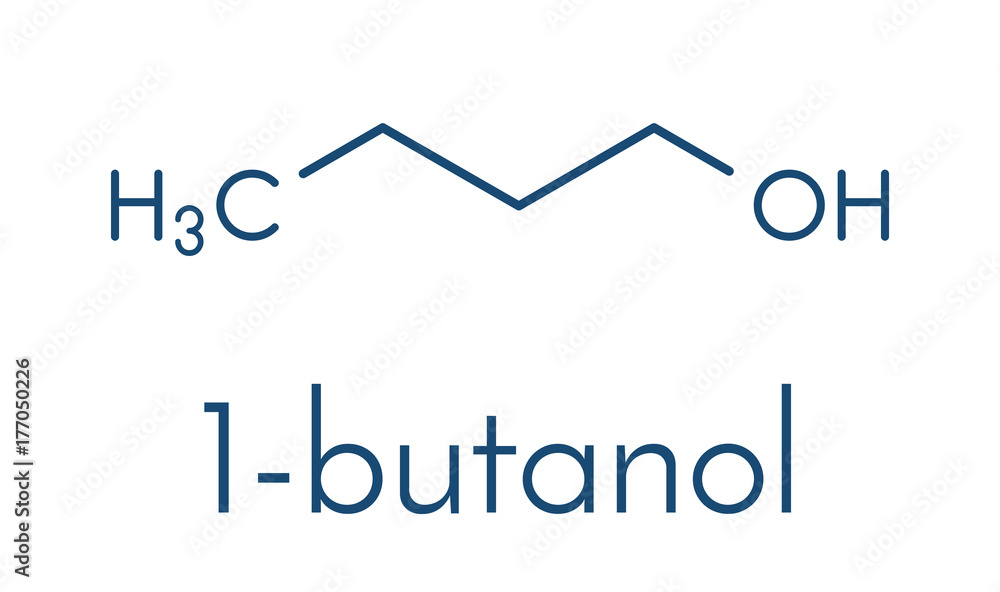 n-butanol (1-butanol) molecule. Used as flavouring and as a solvent. Skeletal formula.