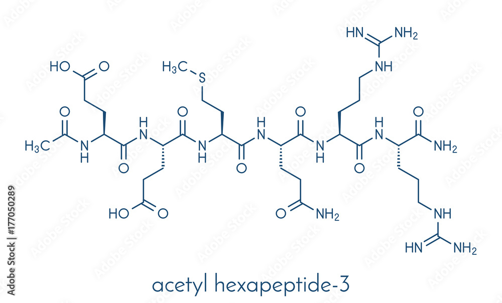 Acetyl hexapeptide-3 (argireline) molecule. Peptide fragment of SNAP-25. Used in cosmetics to treat wrinkles. Skeletal formula.
