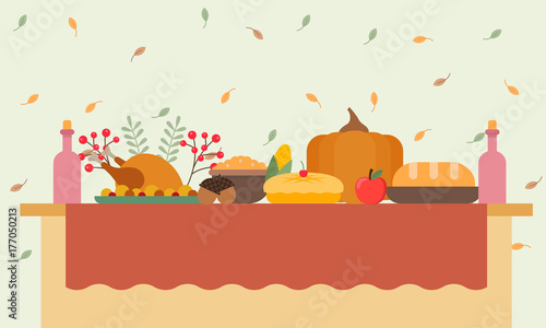 Vector illustration of a big banquet table with drinks and eating fruit. Festive holiday dinner. Christmas table. Flat style. Table for Thanksgiving Day.