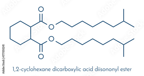 1,2-Cyclohexane dicarboxylic acid diisononyl ester (DINCH) plasticizer molecule. Alternative to phthalates. Skeletal formula.