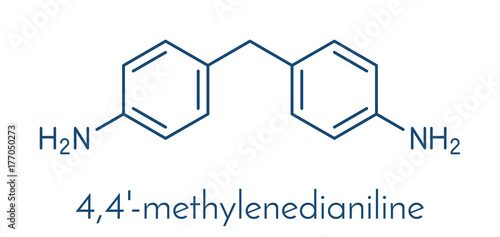 4,4'-methylenedianiline (methylenedianiline, MDA) molecule. Suspected carcinogen, on the list of substances of very high concern. Used in polyurethane production. Skeletal formula.