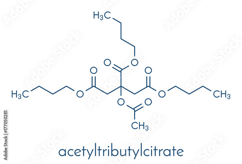 Acetyl tributyl citrate (ATBC) plasticizer molecule. Biodegradable alternative to phthalate plasticizers. Skeletal formula.