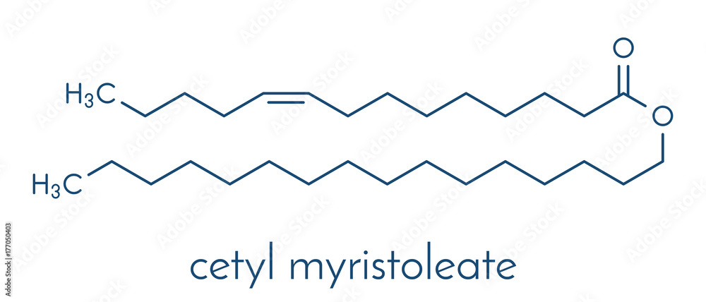 Cetyl myristoleate food supplement molecule. Cetylated fatty acid that may have anti-inflammatory properties. Skeletal formula. Cetyl myristoleate food supplement molecule. Cetylated fatty acid that may have anti-inflammatory properties. Skeletal formula.